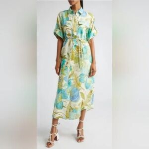 NWOT ALEMAIS Janis Floral Print Belted Linen Midi Shirtdress Size 2